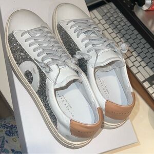 NEW Oliver Cabell Leather White & Silver Distressed Sneakers Made in Italy